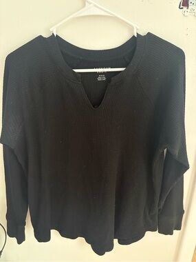 American Eagle Outfitters Black Waffle Knit Notch Neck Long Sleeve Top